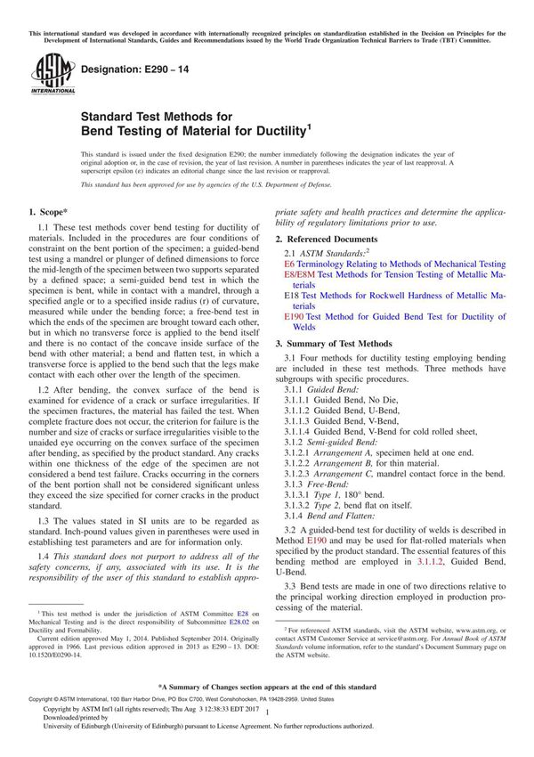 ASTM E290 14 Standard Test Methods for Bend Testing of Material for Ductility1