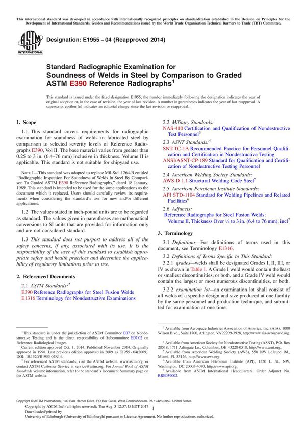ASTM E1955 04 (Reapproved 2014) Standard Radiographic Examination for Soundness of Welds in Steel by Comparison to Graded ASTM