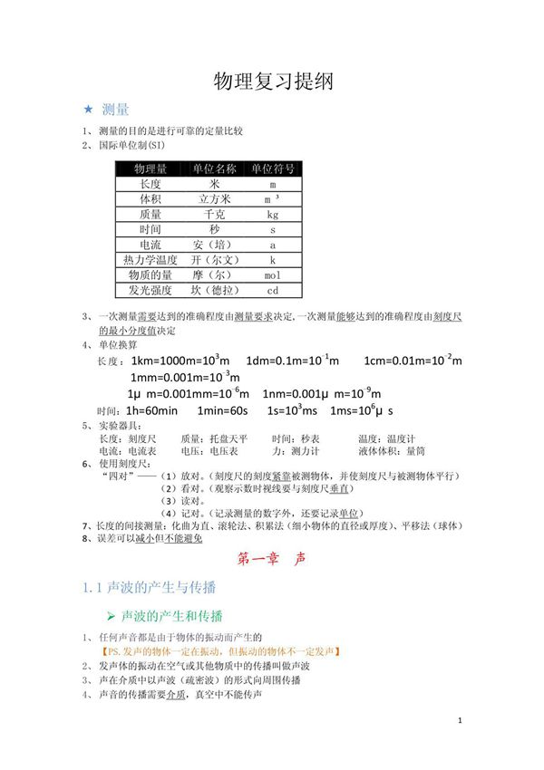 八年级上册物理复习提纲