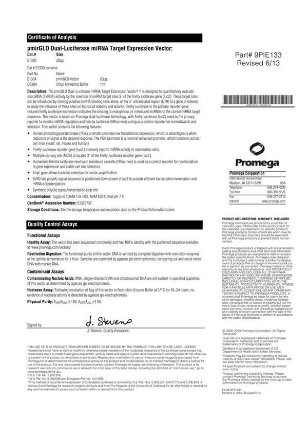 pmirGLO双萤光素酶报告基因载体说明书