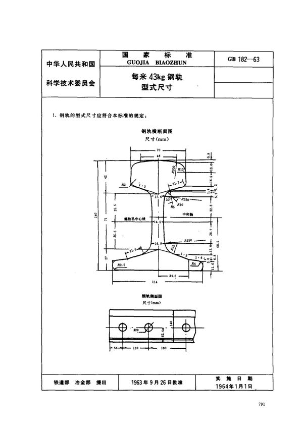 (国家标准) GB 182-1963 每米43kg钢轨型式尺寸 标准