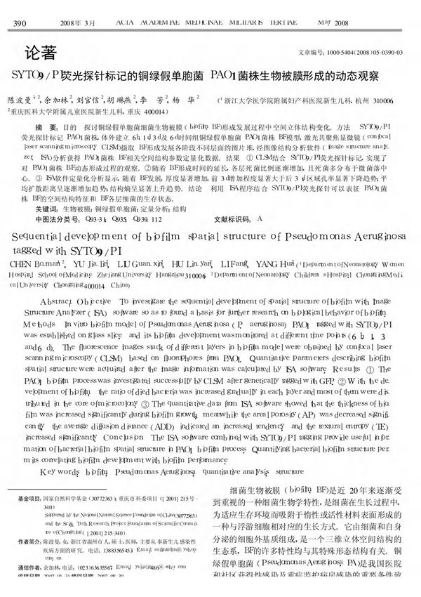 SYTO9 ／PI荧光探针标记的铜绿假单胞菌PAO1菌株生物被膜形成的动态观察