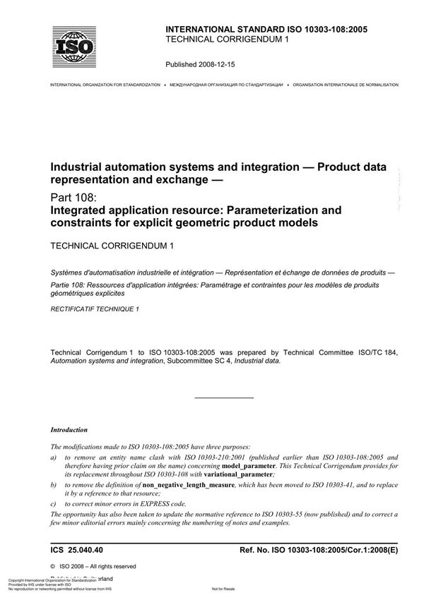 ISO 10303-108 Industrial automation systems and integration Product data representation and exchange TECHNICAL CORRIGENDUM 1