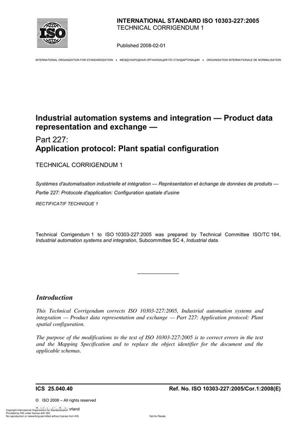 ISO 10303-227 Industrial automation systems and integration Product data representation and exchange Technical Corrigendum