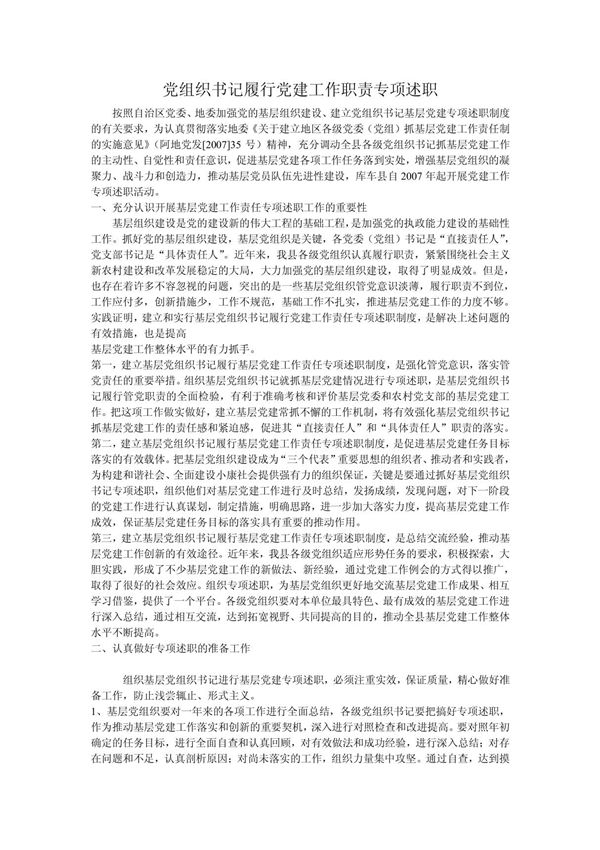 (工作总结)党组织书记履行党建工作职责专项述职