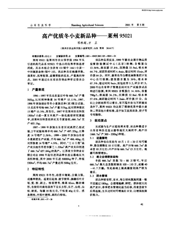 高产优质冬小麦新品种莱州95021