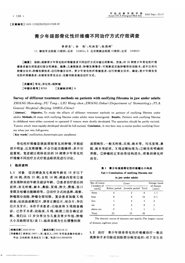 青少年颌部骨化性纤维瘤不同治疗方式疗效调查