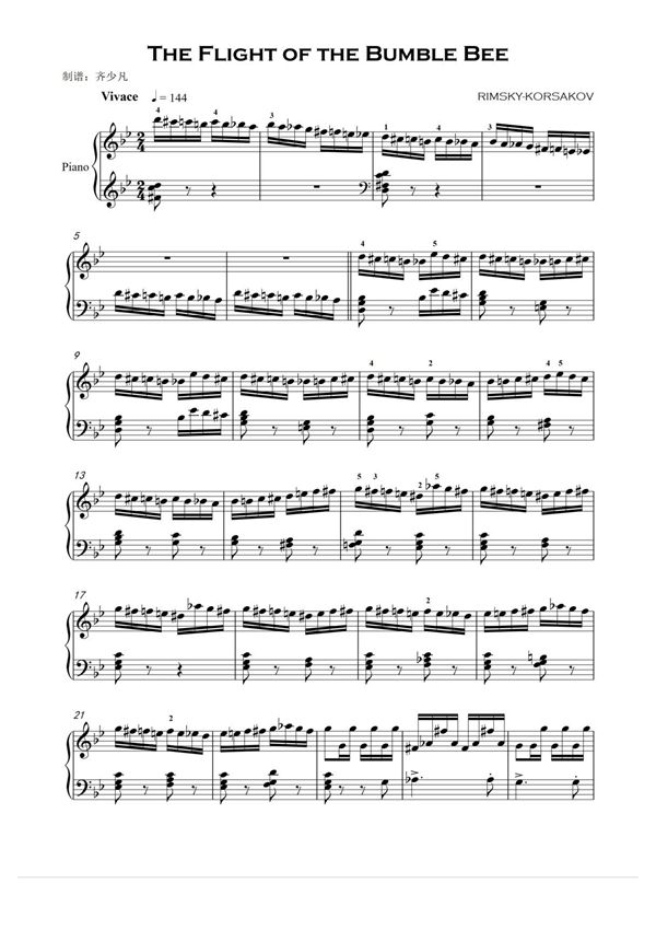 野蜂飞舞 Flight of the Bumble-bee钢琴谱钢琴简谱 数字谱 钢琴双手简谱