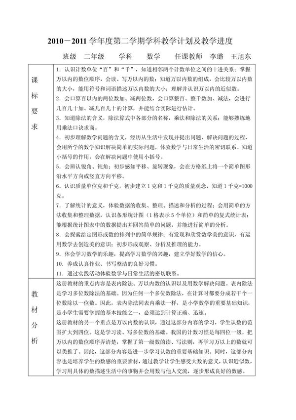 二年级数学下教学计划