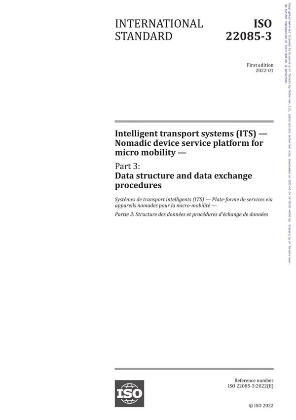 ISO 22085-3-2022 Intelligent transport systems (ITS) - Nomadic device service platform for micro mobility - Part 3  Data structu