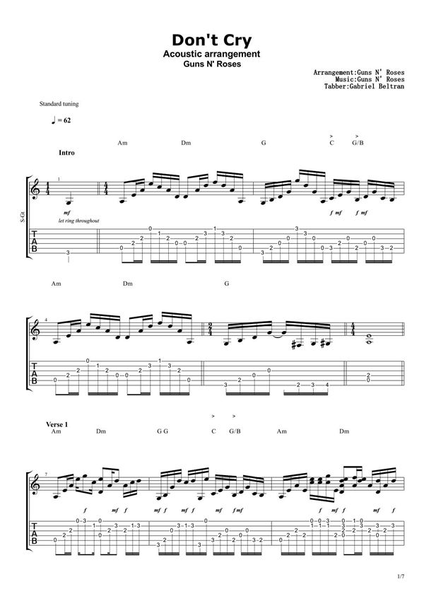 枪花乐队《Dont Cry》指弹吉他谱