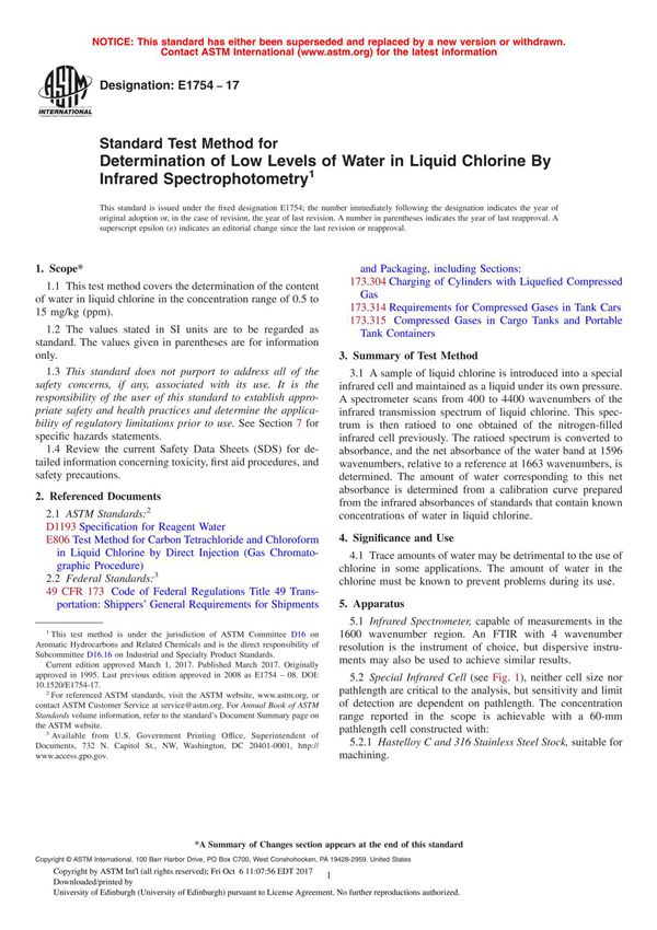 ASTM E1754 - 17 Standard Test Method for Determination of Low Levels of Water in Liquid Chlorine By Infrared Spectrophotometry