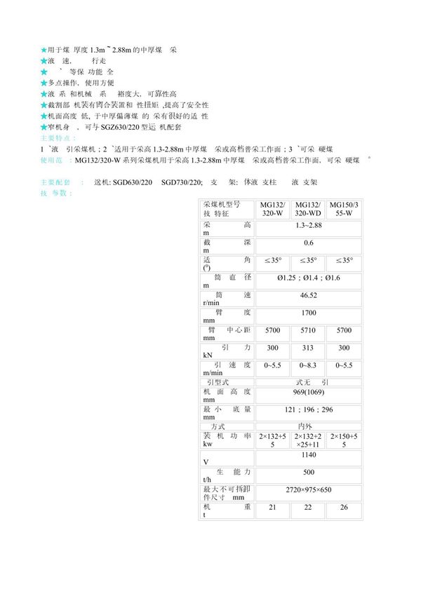 采煤机型号及主要参数