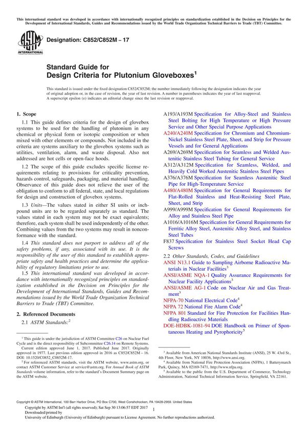 ASTM C852C852M-17 Standard Guide for Design Criteria for Plutonium Gloveboxe