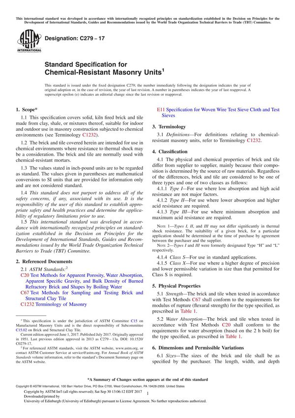ASTM C279-17 Standard Specification for Chemical-Resistant Masonry Unit
