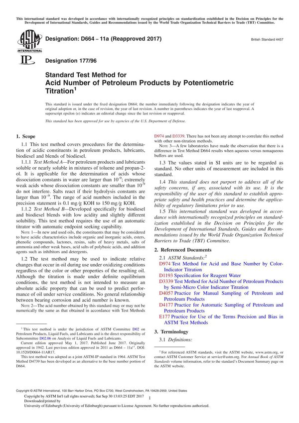 ASTM D664-11a(2017) Standard Test Method for Acid Number of Petroleum Products by Potentiometric Titration