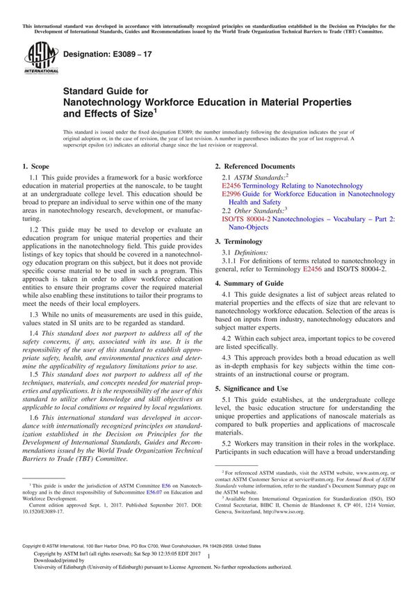 ASTM E3089-17 Standard Guide for Nanotechnology Workforce Education in Material Properties and Effects of Size