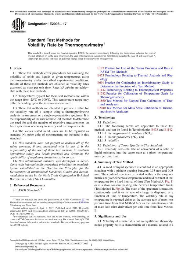 ASTM E2008-17 Standard Test Methods for Volatility Rate by Thermogravimetry