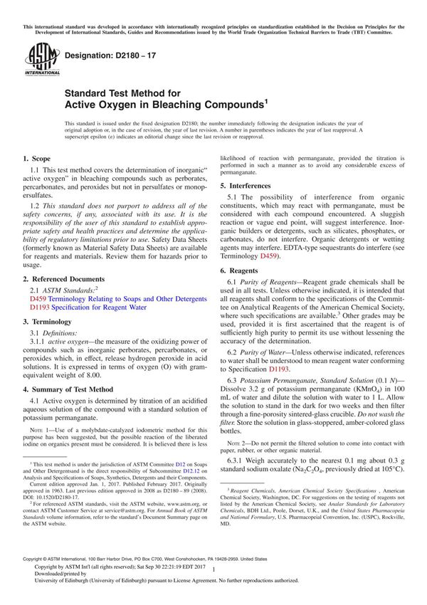ASTM D2180-17 Standard Test Method for Active Oxygen in Bleaching Compound