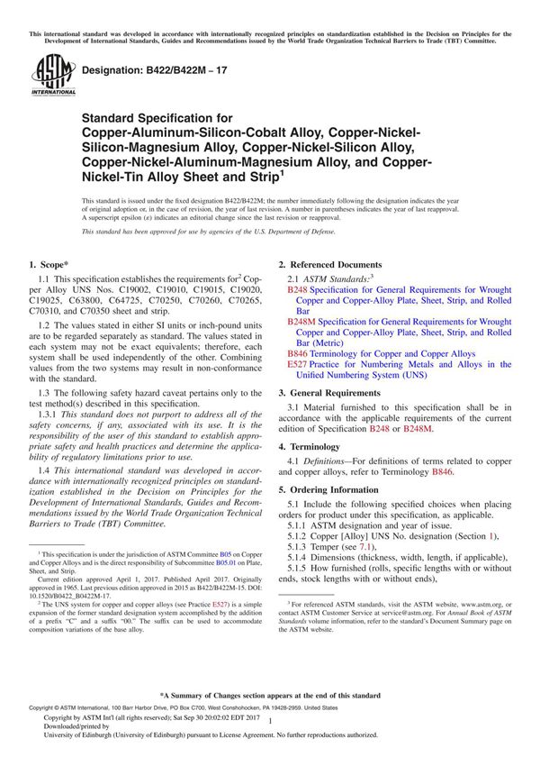 ASTM B422 B422M-17 Standard Specification for Copper-Aluminum-Silicon-Cobalt Alloy, Copper-Nickel-Silicon-Magnesium Alloy, Coppe