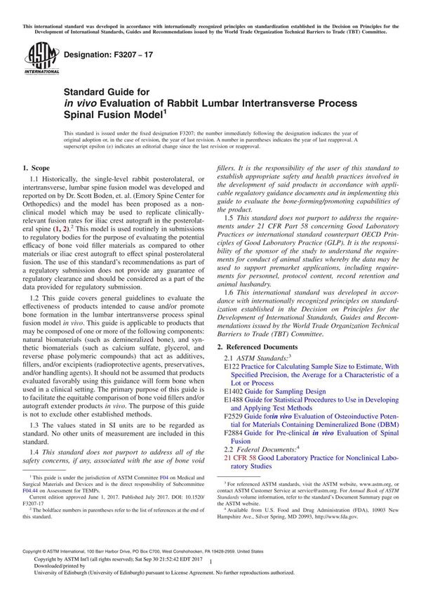 ASTM F3207-17 Standard Guide for in vivo Evaluation of Rabbit Lumbar Intertransverse Process Spinal Fusion Model