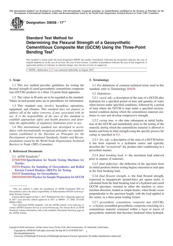 ASTM D8058-17e1 Standard Test Method for Determining the Flexural Strength of a Geosynthetic Cementitious Composite Mat (GCCM) U