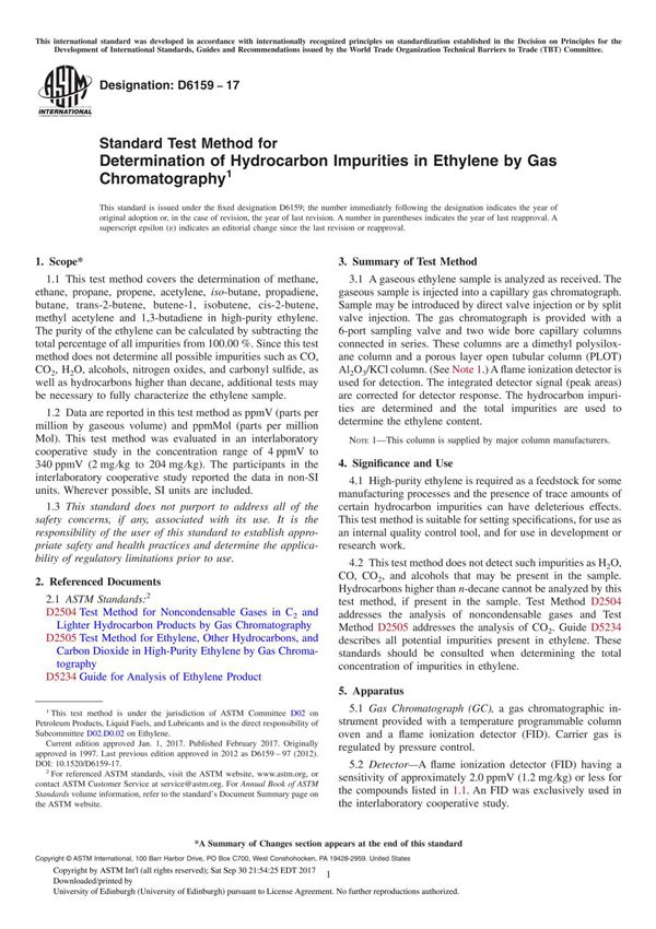 ASTM D6159-17 Standard Test Method for Determination of Hydrocarbon Impurities in Ethylene by Gas Chromatography