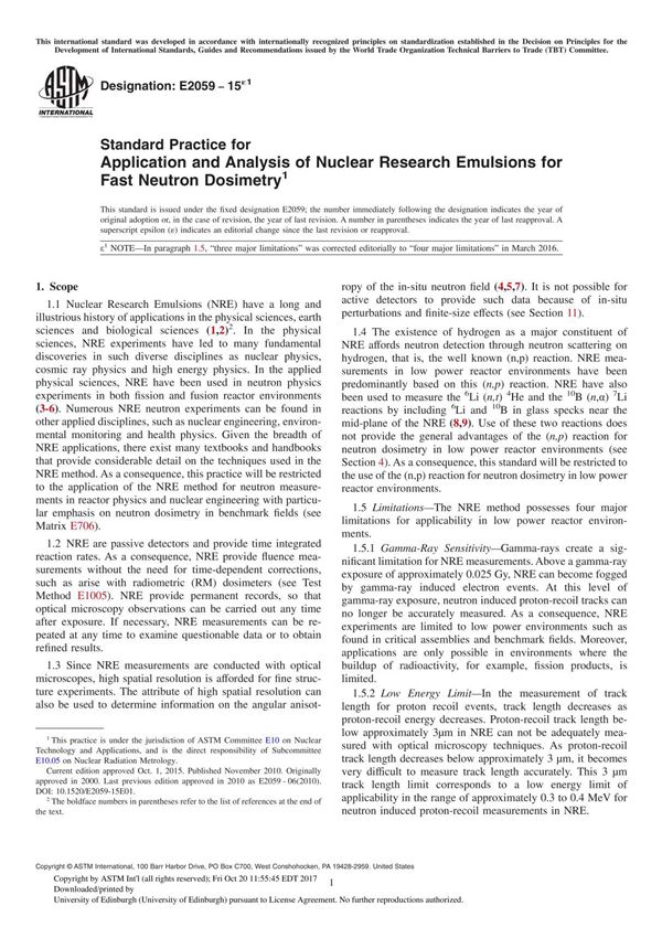 ASTM E2059-15e1 Standard Practice for Application and Analysis of Nuclear Research Emulsions for Fast Neutron Dosimetry