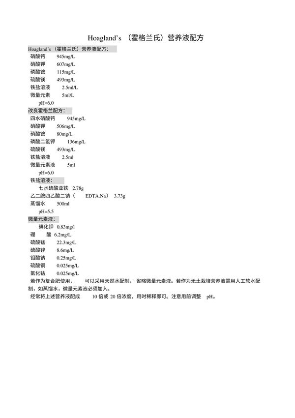 Hoaglands(霍格兰氏)营养液配方