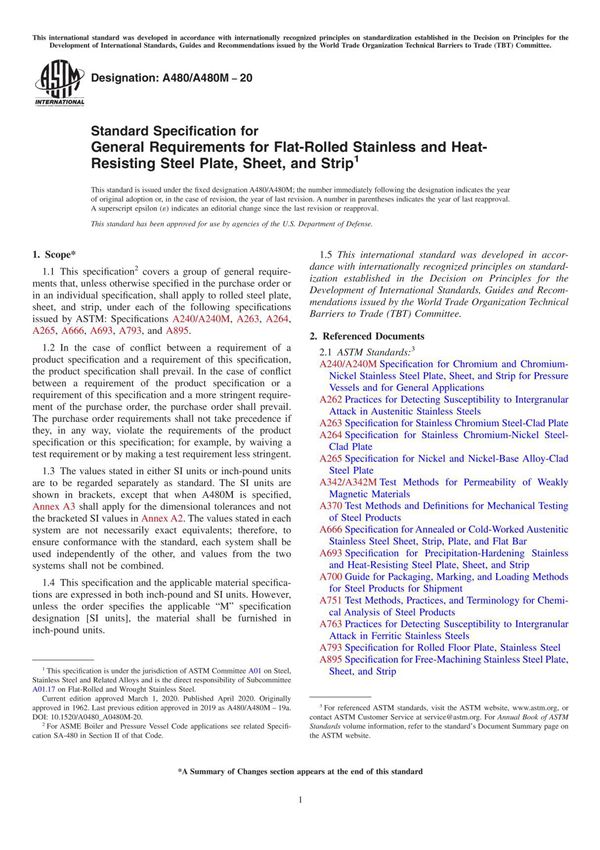ASTM A480-2020 不锈和耐热钢轧制厚板 薄板及带材通用要求的标准规范