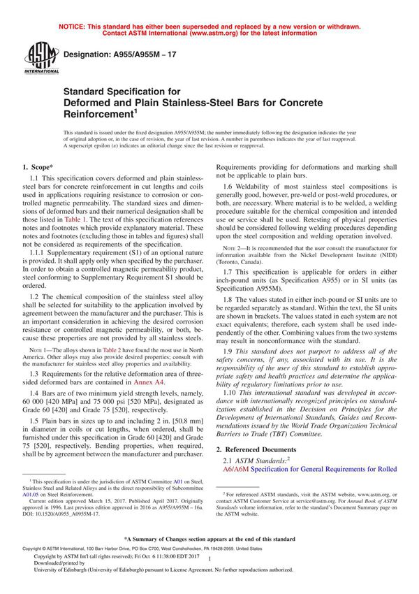ASTM A955 A955M - 17 Standard Specification for Deformed and Plain Stainless-Steel Bars for Concrete Reinforcement