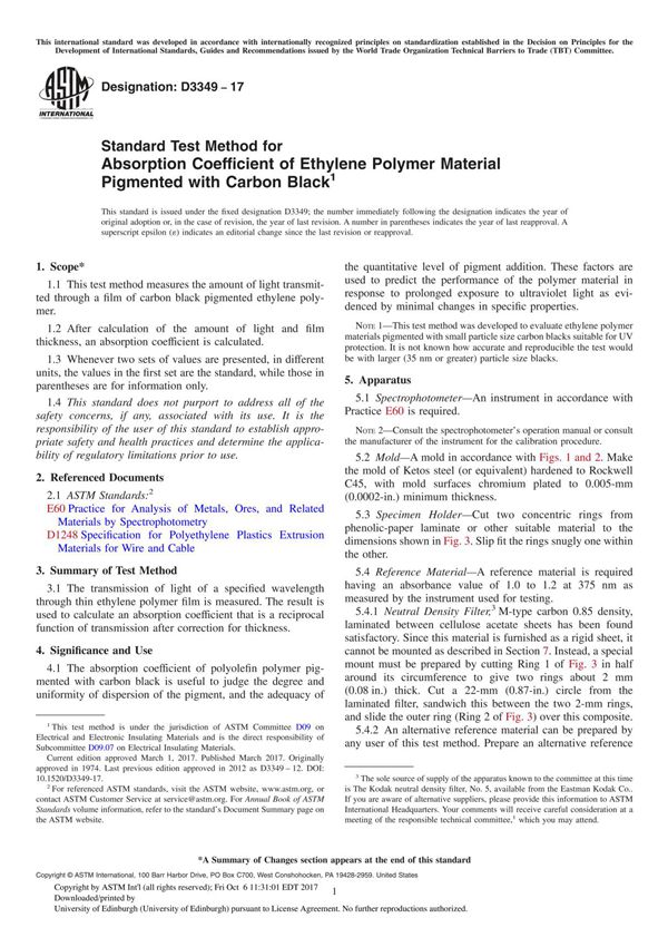 ASTM D3349-17 Standard Test Method for Absorption Coefficient of Ethylene Polymer Material Pigmented with Carbon Black
