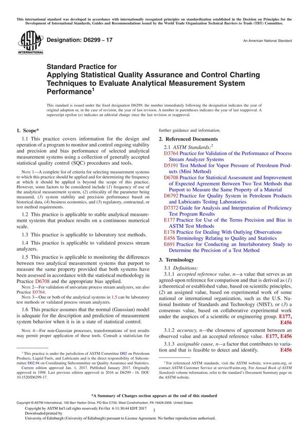 ASTM D6299-17 Standard Practice for Applying Statistical Quality Assurance and Control Charting Techniques to Evaluate Analytica