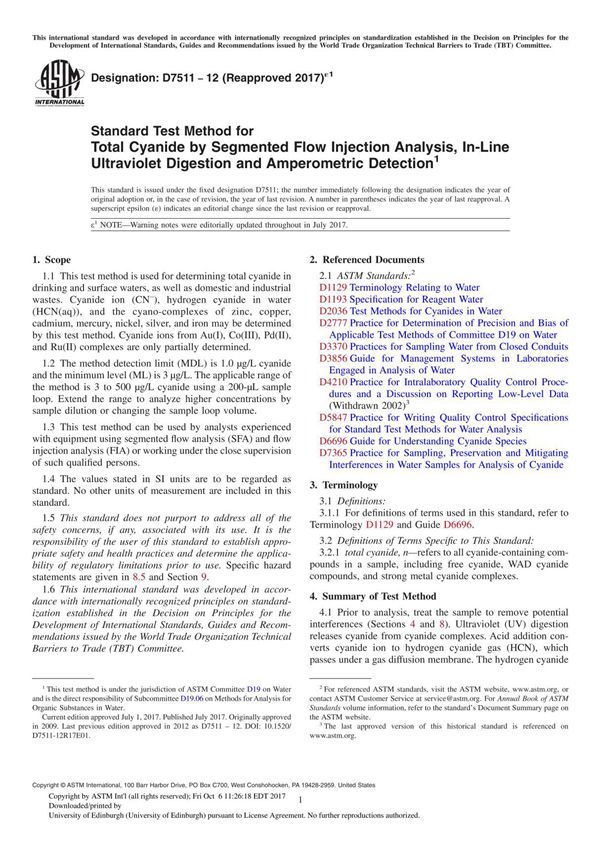 ASTM D7511-12(2017)e1 Standard Test Method for Total Cyanide by Segmented Flow Injection Analysis, In-Line Ultraviolet Digestion