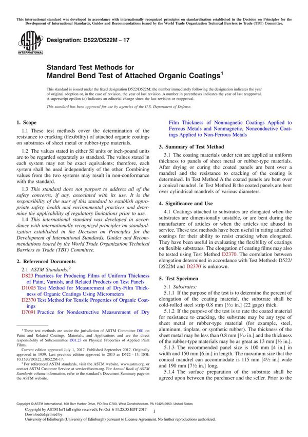 ASTM D522 D522M-17 Standard Test Methods for Mandrel Bend Test of Attached Organic Coating