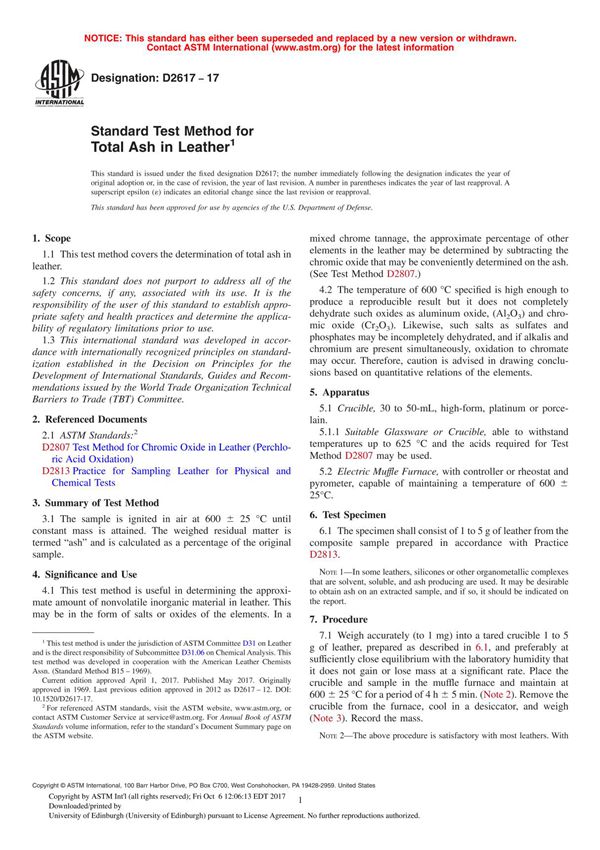 ASTM D2617 - 17 Standard Test Method for Total Ash in Leather
