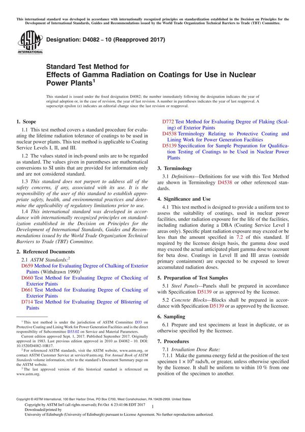 ASTM D4082-10(2017) Standard Test Method for Effects of Gamma Radiation on Coatings for Use in Nuclear Power Plant
