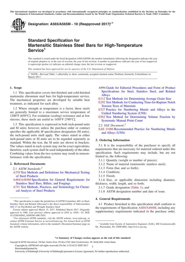 ASTM A565 A565M-10(2017)e1 Standard Specification for Martensitic Stainless Steel Bars for High-Temperature Service