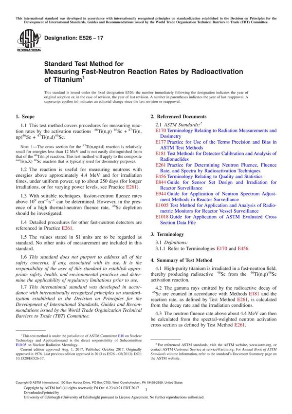 ASTM E526-17 Standard Test Method for Measuring Fast-Neutron Reaction Rates by Radioactivation of Titanium