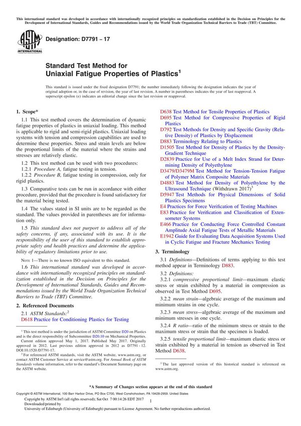 ASTM D7791-17 Standard Test Method for Uniaxial Fatigue Properties of Plastic