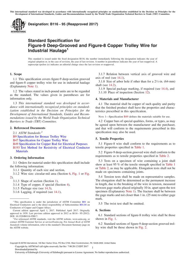 ASTM B116-95(2017) Standard Specification for Figure-9 Deep-Grooved and Figure-8 Copper Trolley Wire for Industrial Haulage