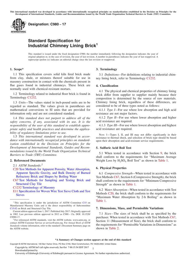 ASTM C980-17 Standard Specification for Industrial Chimney Lining Brick