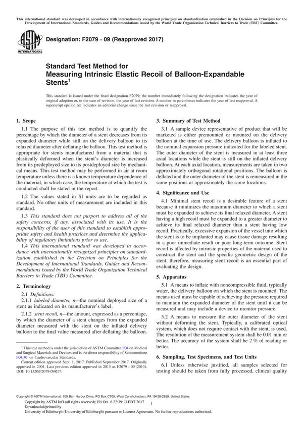 ASTM F2079-09(2017) Standard Test Method for Measuring Intrinsic Elastic Recoil of Balloon-Expandable Stent