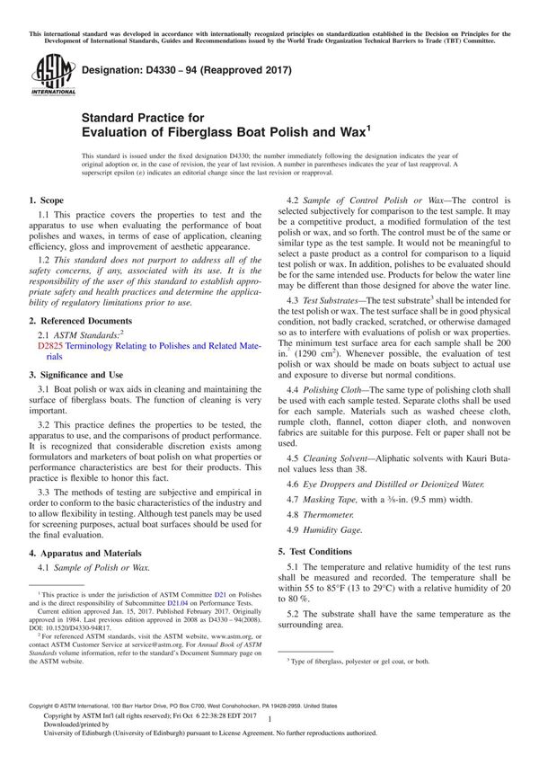 ASTM D4330-94(2017) Standard Practice for Evaluation of Fiberglass Boat Polish and Wax