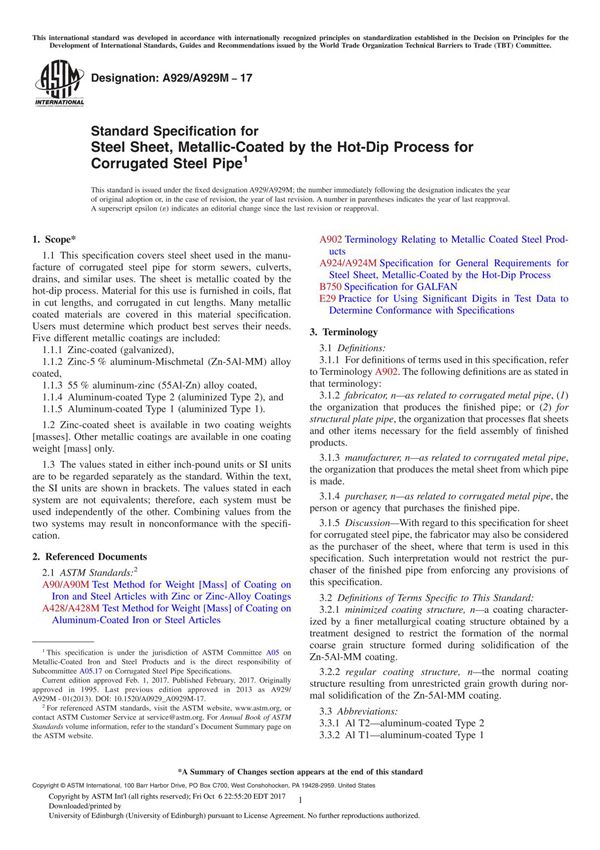 ASTM A929 A929M-17 Standard Specification for Steel Sheet, Metallic-Coated by the Hot-Dip Process for Corrugated Steel Pipe