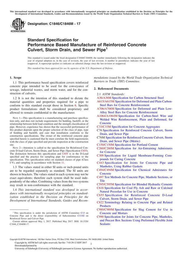 ASTM C1846C1846M-17 Standard Specification for Performance Based Manufacture of Reinforced Concrete Culvert, Storm Drain, and Se