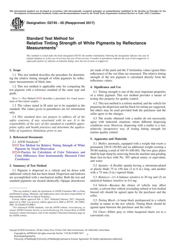ASTM D2745-00(2017) Standard Test Method for Relative Tinting Strength of White Pigments by Reflectance Measurement