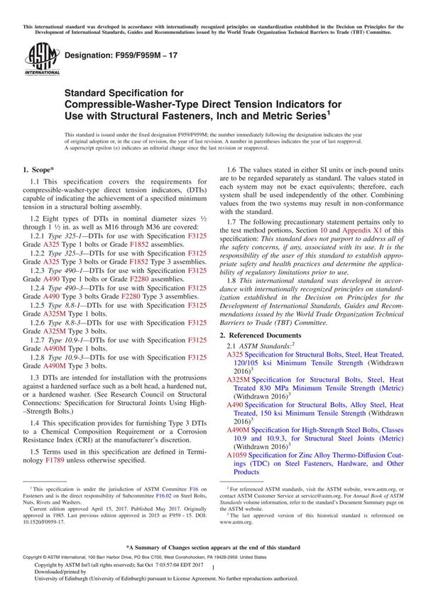 ASTM F959F959M-17 Standard Specification for Compressible-Washer-Type Direct Tension Indicators for Use with Structural Fastener