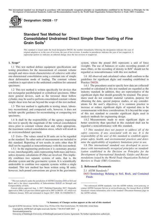 ASTM D6528-17 Standard Test Method for Consolidated Undrained Direct Simple Shear Testing of Fine Grain Soil