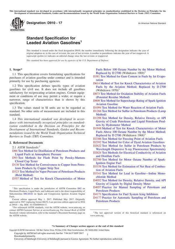 ASTM D910-17 Standard Specification for Leaded Aviation Gasoline